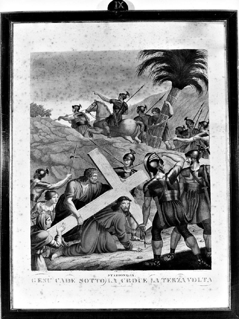 stazione IX: Gesù cade sotto la croce la terza volta (stampa, elemento d'insieme) di Andrea d'Agnolo detto Andrea del Sarto, Morghen Raffaello, Martelli Luigi, Battelli Vincenzo (sec. XIX)