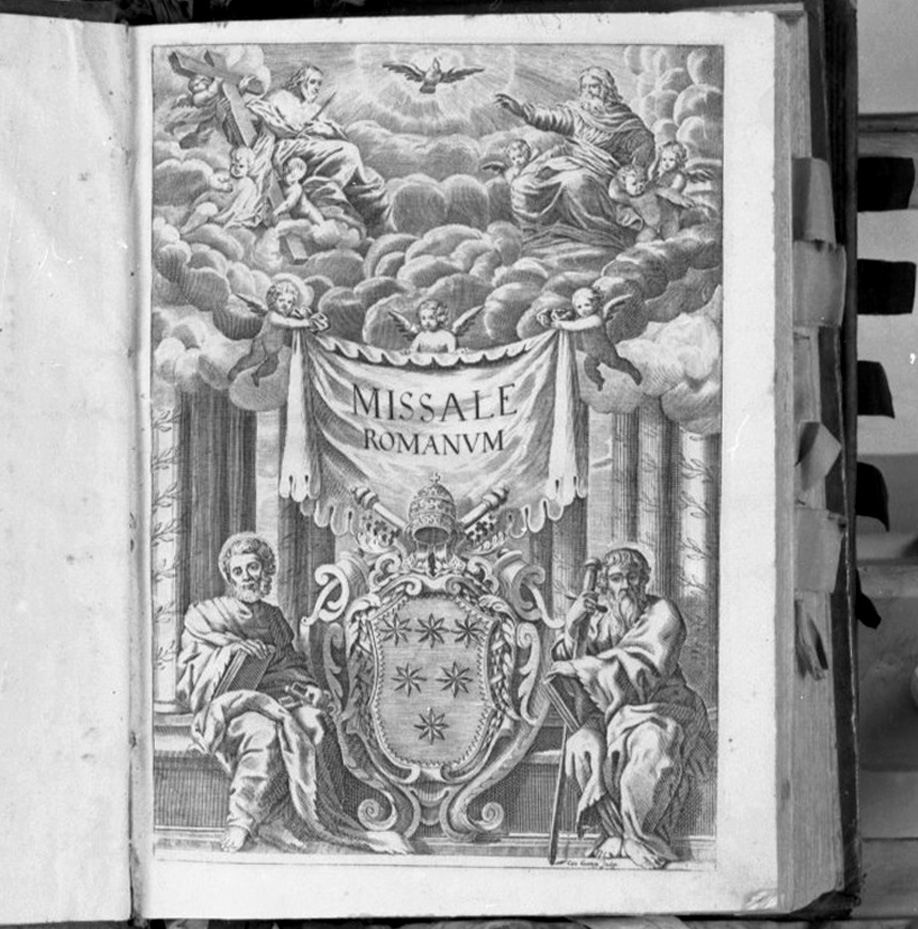 stemma di papa Clemente X tra san Pietro e san Paolo, Trinità tra nuvole e angioletti (stampa, elemento d'insieme) di Georgi Giovanni (sec. XVII)
