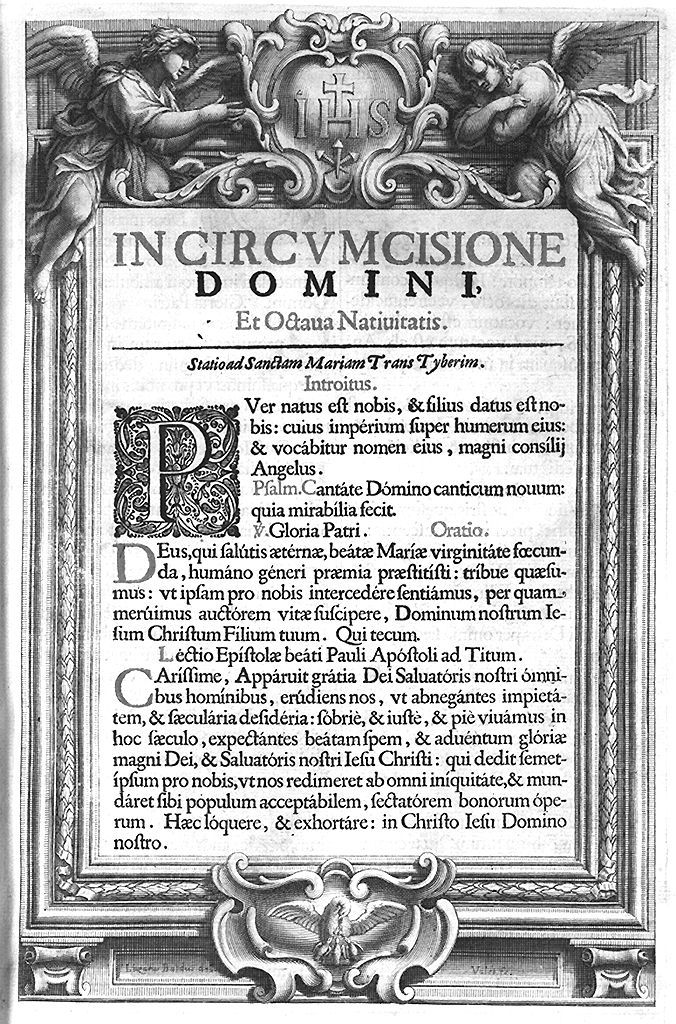 cornice architettonica con monogramma cristologico tra angeli e pellicano che imbocca i piccoli nel nido (stampa, serie) di Vallet Guillaume, Baldi Lazzaro (sec. XVII)