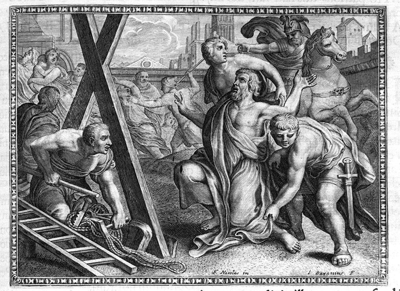 martirio di sant'Andrea (stampa, elemento d'insieme) di Baron Jean, Lorrain Nicolas François (sec. XVII)