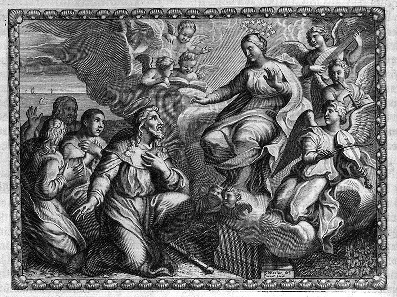 apparizione della Madonna a san Giacomo il Maggiore (stampa, elemento d'insieme) di Picart Etienne, Lorrain Nicolas François (sec. XVII)