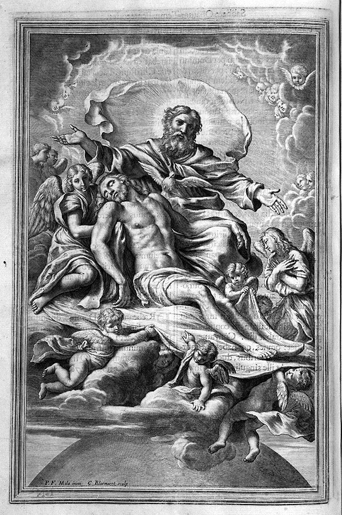 Dio Padre che sostiene il corpo di Cristo e Colomba dello Spirito Santo (stampa) di Bloemaert Cornelis il Giovane, Mola Pier Francesco (sec. XVII)