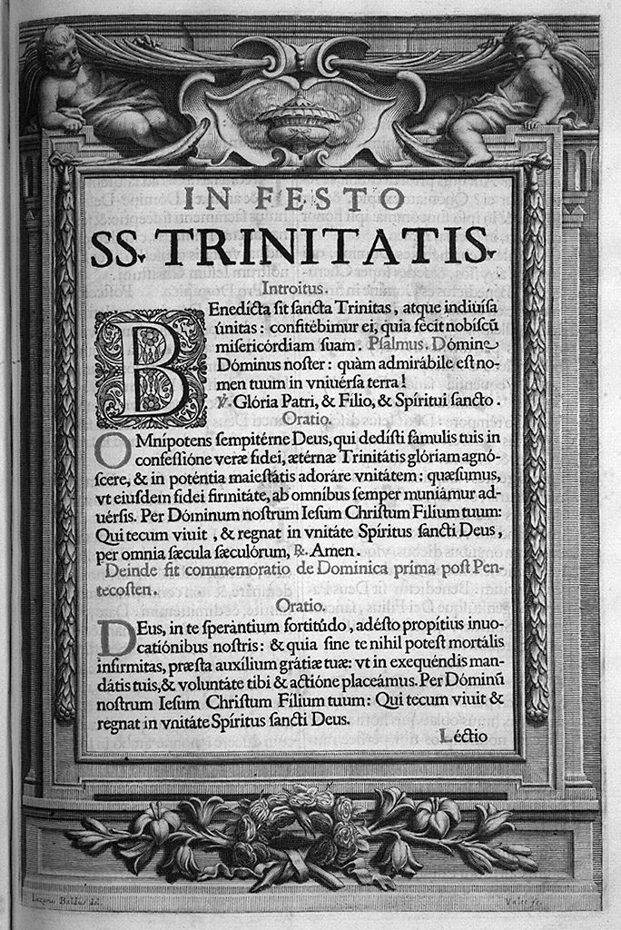 cornice architettonica con vaso tra putti e ghirlanda di fiori (stampa, serie) di Vallet Guillaume, Baldi Lazzaro (sec. XVII)