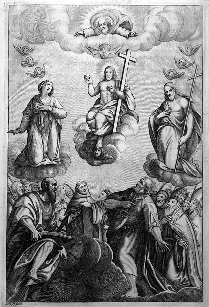 Trinità adorata dalla Madonna, San Giovanni Battista e Santi (stampa, elemento d'insieme) di Loisy Pierre il Giovane (sec. XVII)