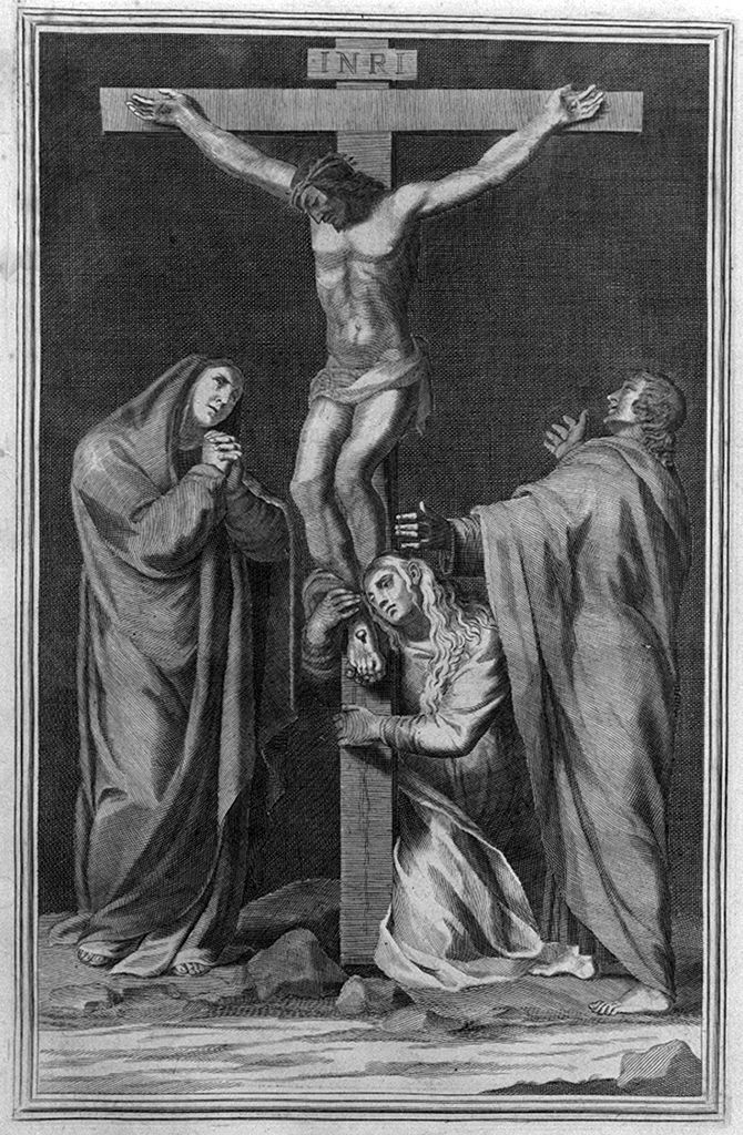 crocifissione di Cristo con la Madonna, San Giovanni Evangelista e Santa Maria Maddalena (stampa, elemento d'insieme) di Pulzone Scipione (sec. XVIII)
