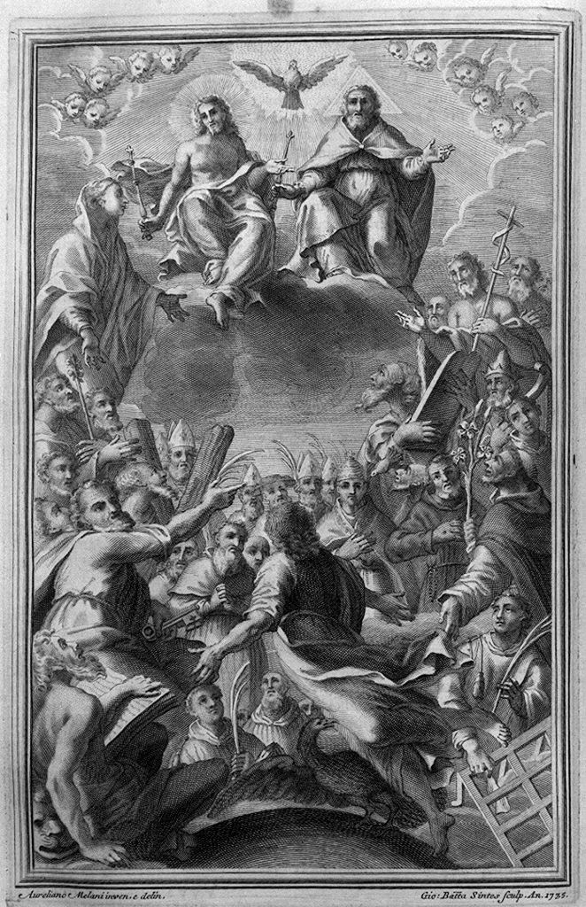 Santi martiri in contemplazione della Trinità (stampa, elemento d'insieme) di Sintes Giovanni Battista, Melani Aureliano (sec. XVIII)