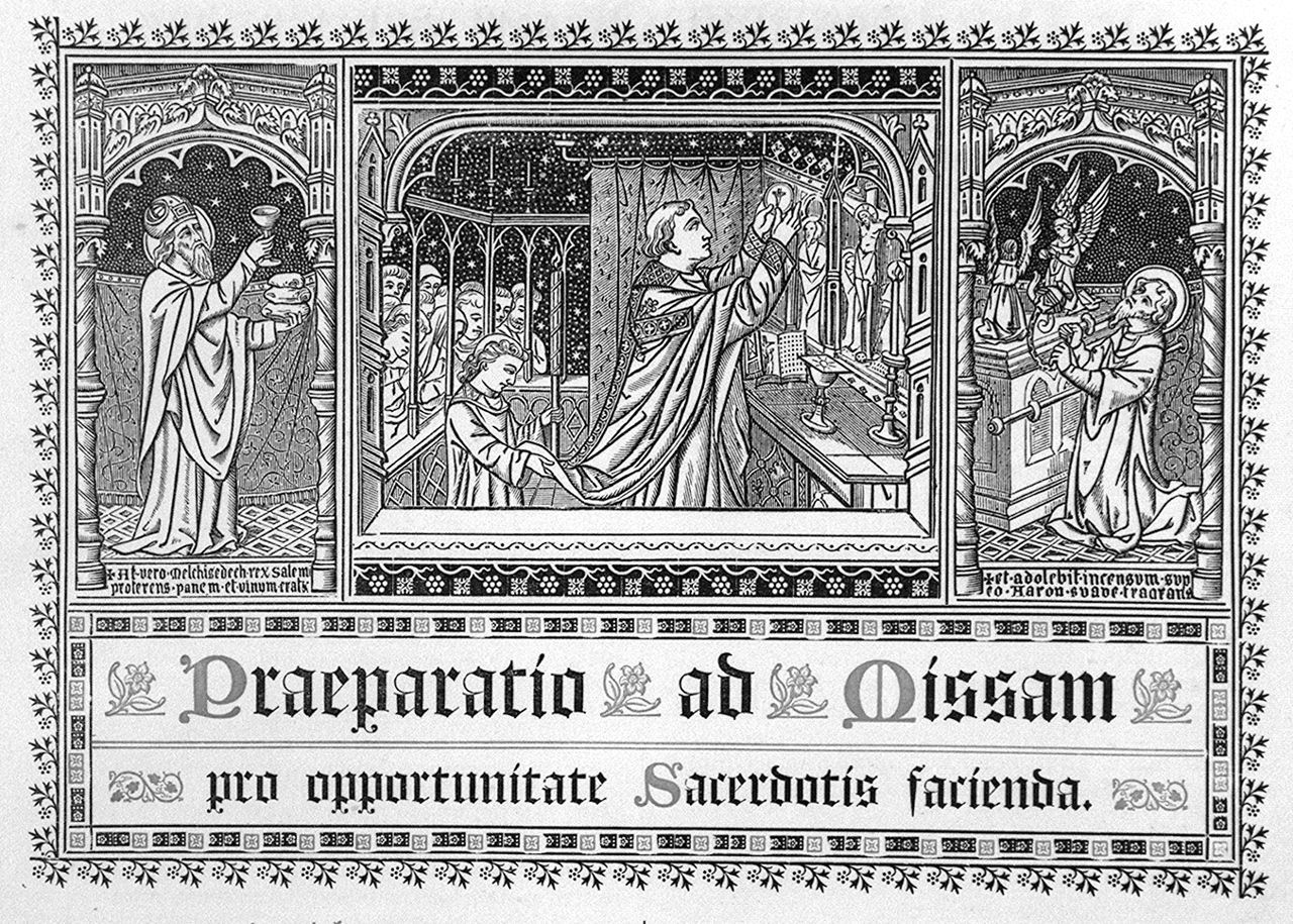 celebrazione della messa tra Melchisedech che offre il pane e il vino e Aronne incensatore (stampa, elemento d'insieme) - ambito belga (sec. XIX)