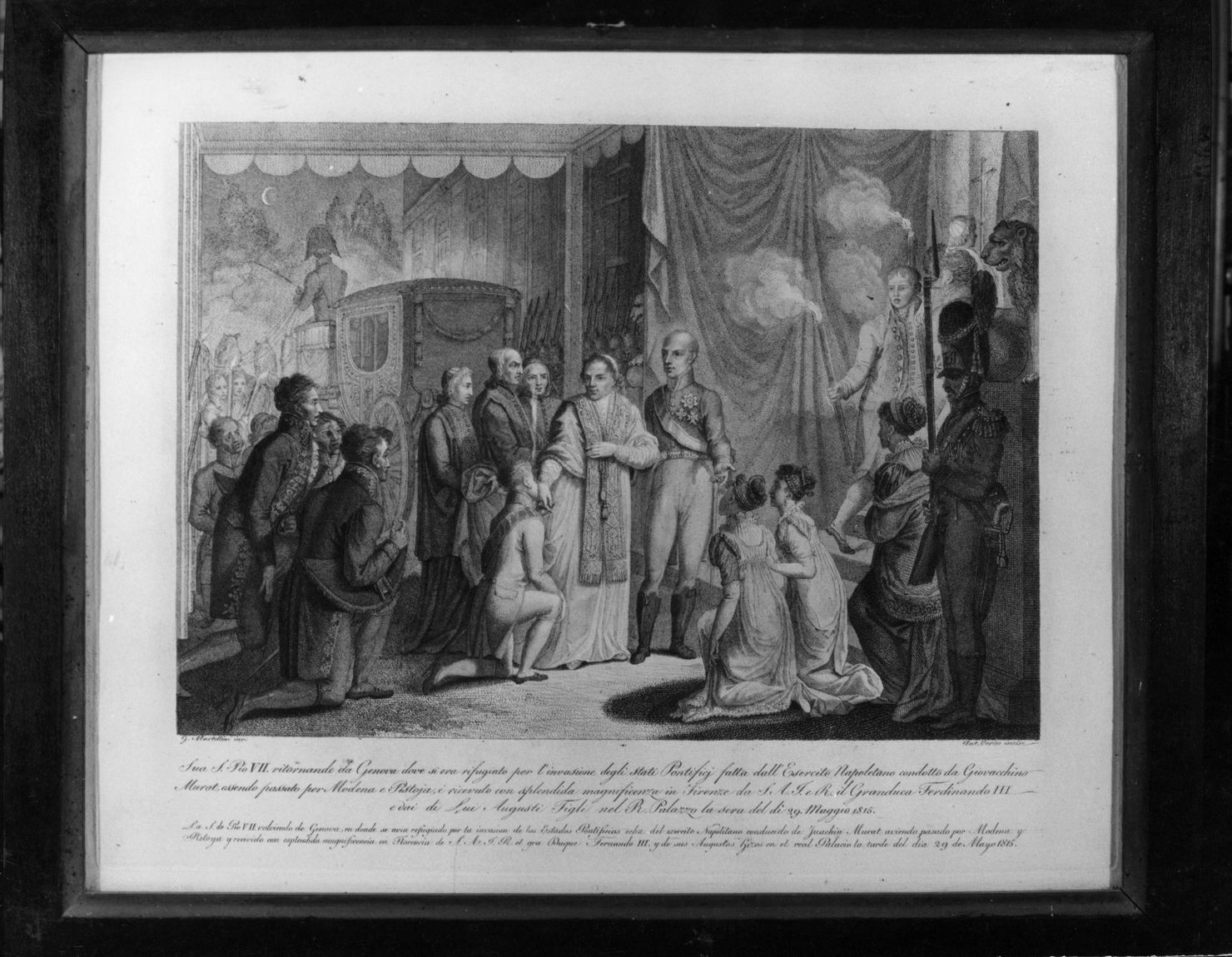Pio VII incontra a Firenze il Granduca Ferdinando III (stampa) di Verico Antonio, Martellini Francesco (secondo quarto sec. XIX)