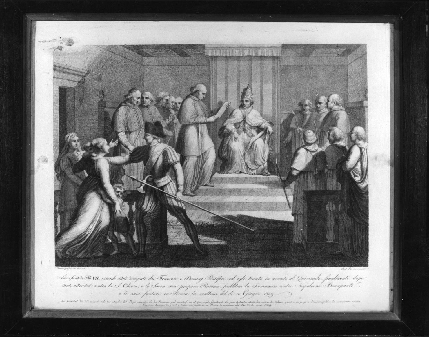 Pio VII pronuncia la scomunica contro Napoleone Bonaparte (stampa) di Gozzini Vincenzo, Verico Antonio (secondo quarto sec. XIX)