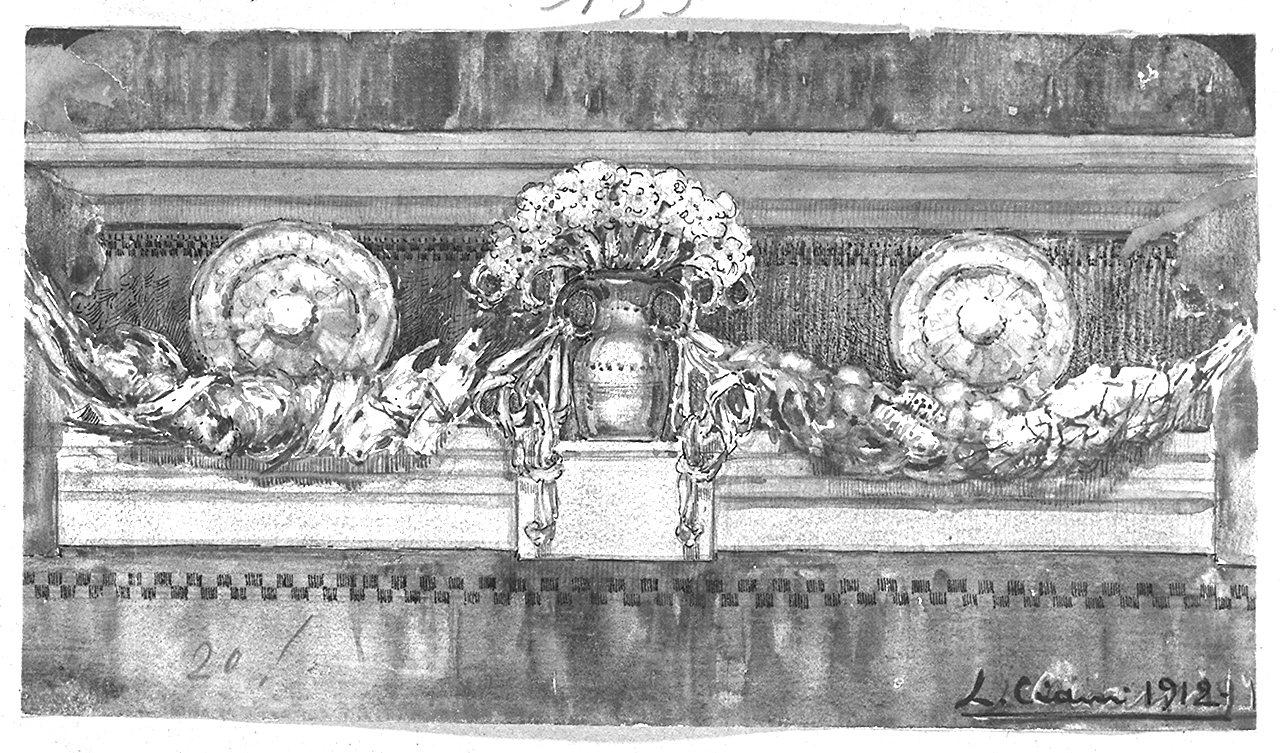 vaso e piatti su mensola, motivi decorativi architettonici (disegno) di Ciani Luigi (sec. XX)
