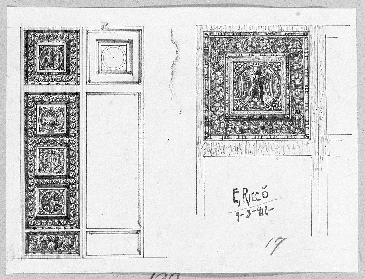 particolari di ante di porta, motivi decorativi geometrici (disegno) di Riccò Econ (sec. XX)