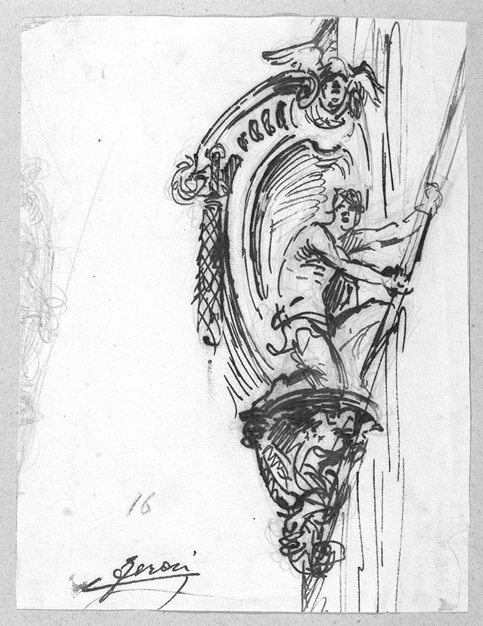cornice architettonica con motivi decorativi e figure (disegno) di Feroci Corrado (sec. XX)