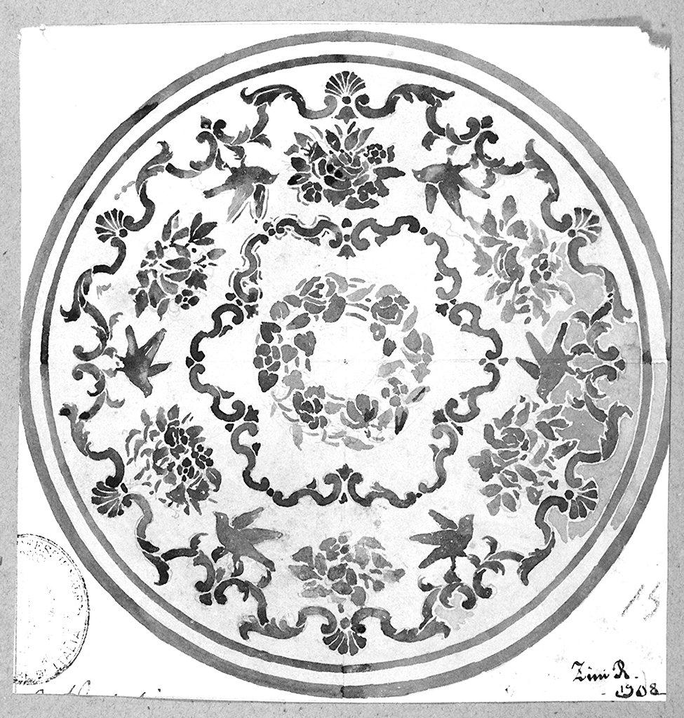 piatto decorato, motivi decorativi vegetali con uccelli (disegno) di Zini Renato (sec. XX)