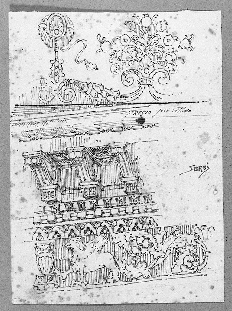 fregio, grifoni e motivi decorativi fitomorfi (disegno) di Sorbi Venanzio (sec. XX)