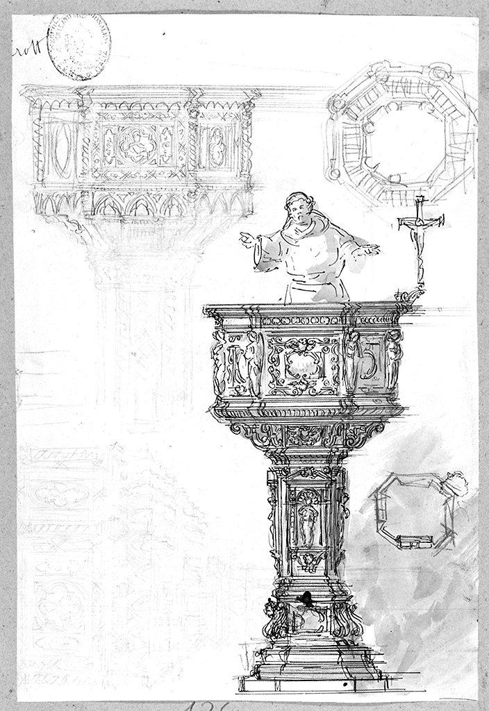 frate predica da un pulpito (disegno) di Crott Severino (sec. XX)