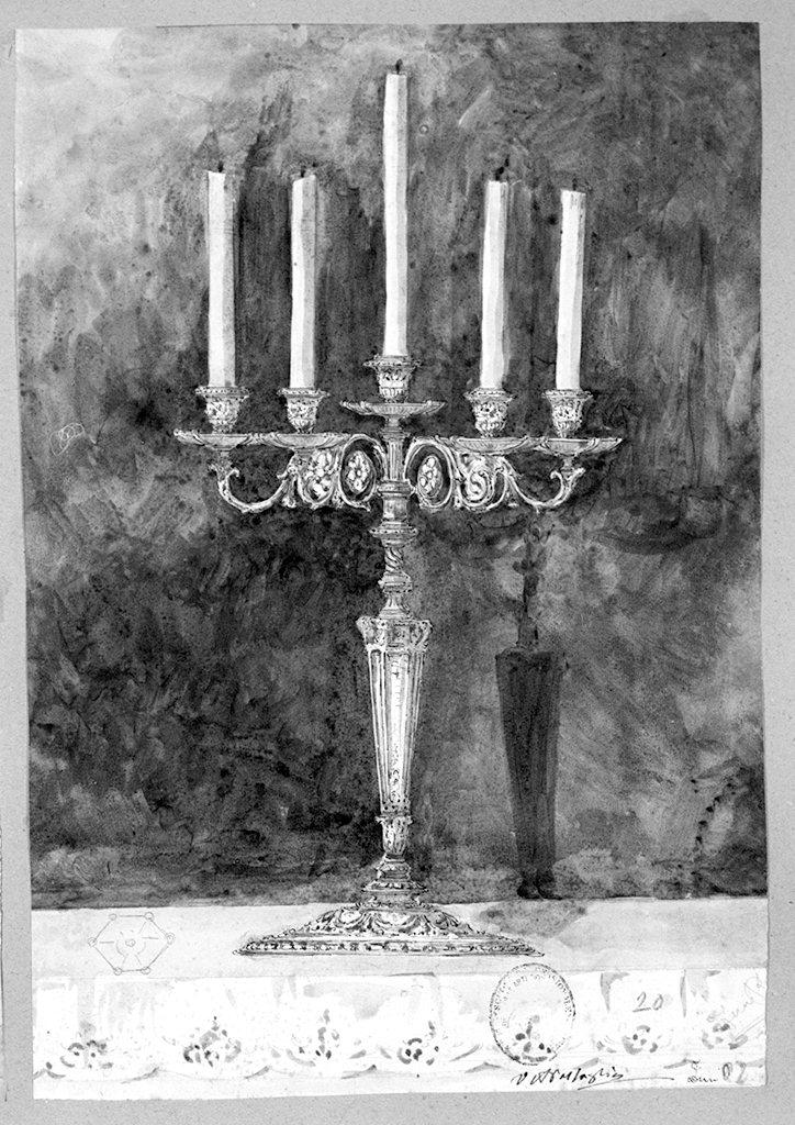 candelabro a cinque braccia (disegno) di Zini Renato (secc. XIX/ XX)