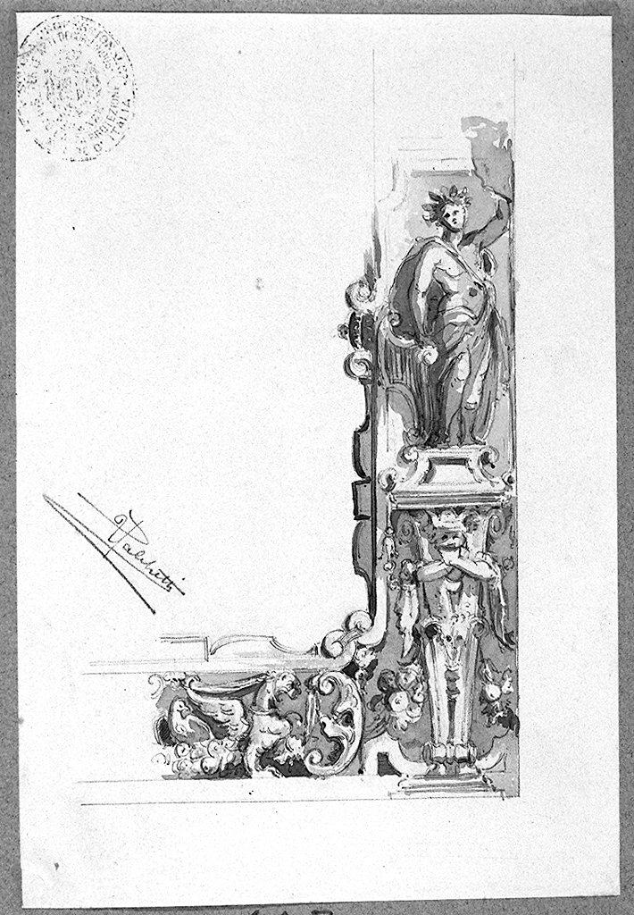 cornice architettonica con motivi decorativi e figure (disegno) di Palchetti Ugo (sec. XX)