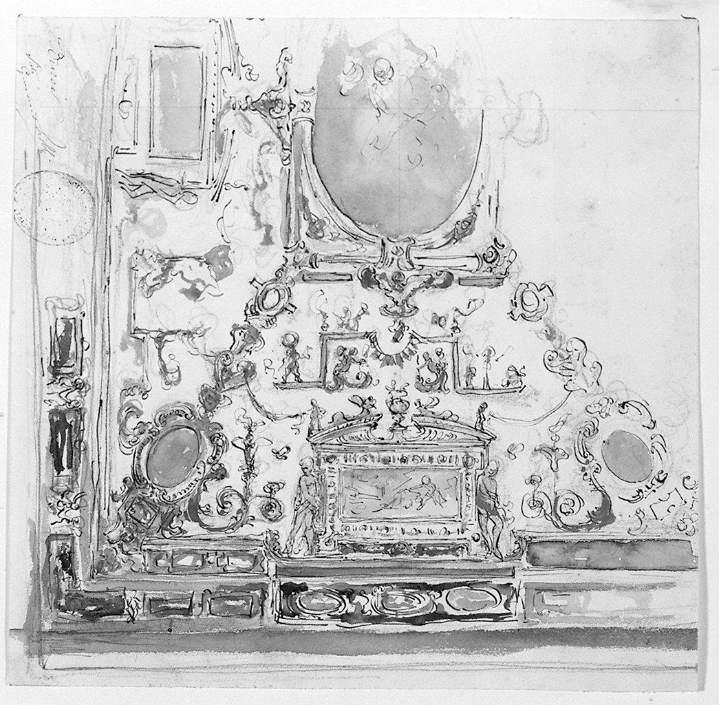 cornice architettonica con motivi decorativi e figure (disegno) di Burci Mario (sec. XX)