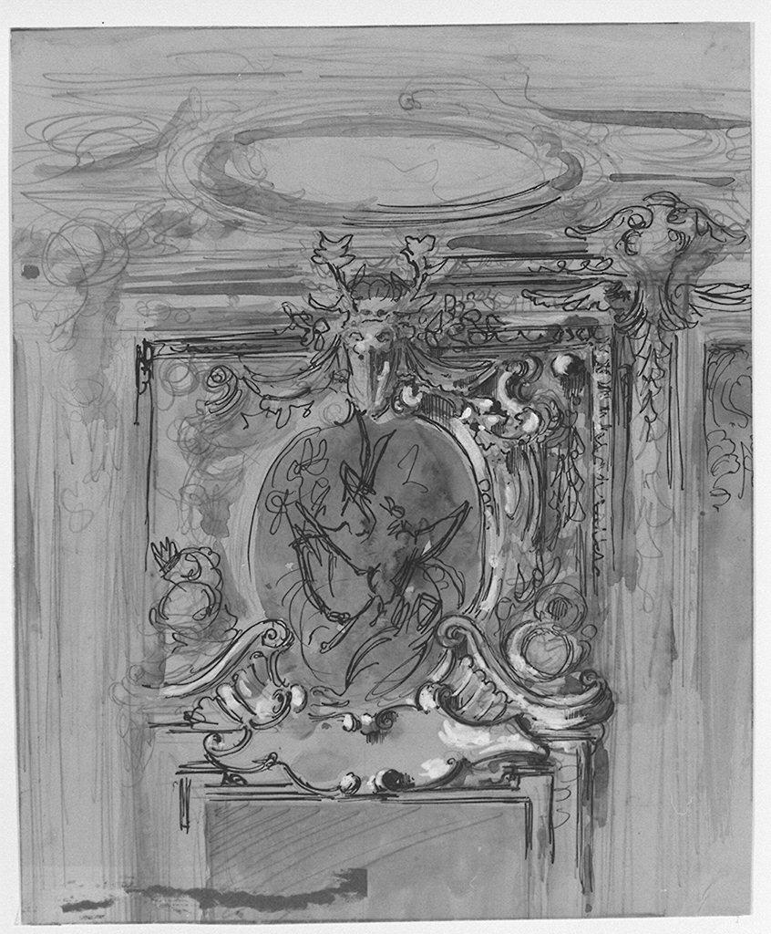 cornice architettonica con motivi decorativi e figure (disegno) - ambito toscano (sec. XX)