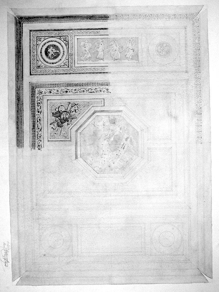 soffitto, cornice architettonica con motivi decorativi e figure (disegno) di Materassi Armando (sec. XX)