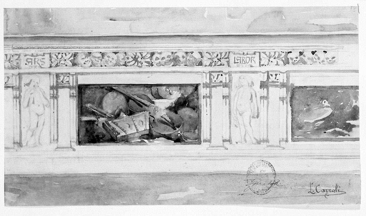 cornice architettonica con motivi decorativi e figure (disegno) di Carroli Lodovico (sec. XX)