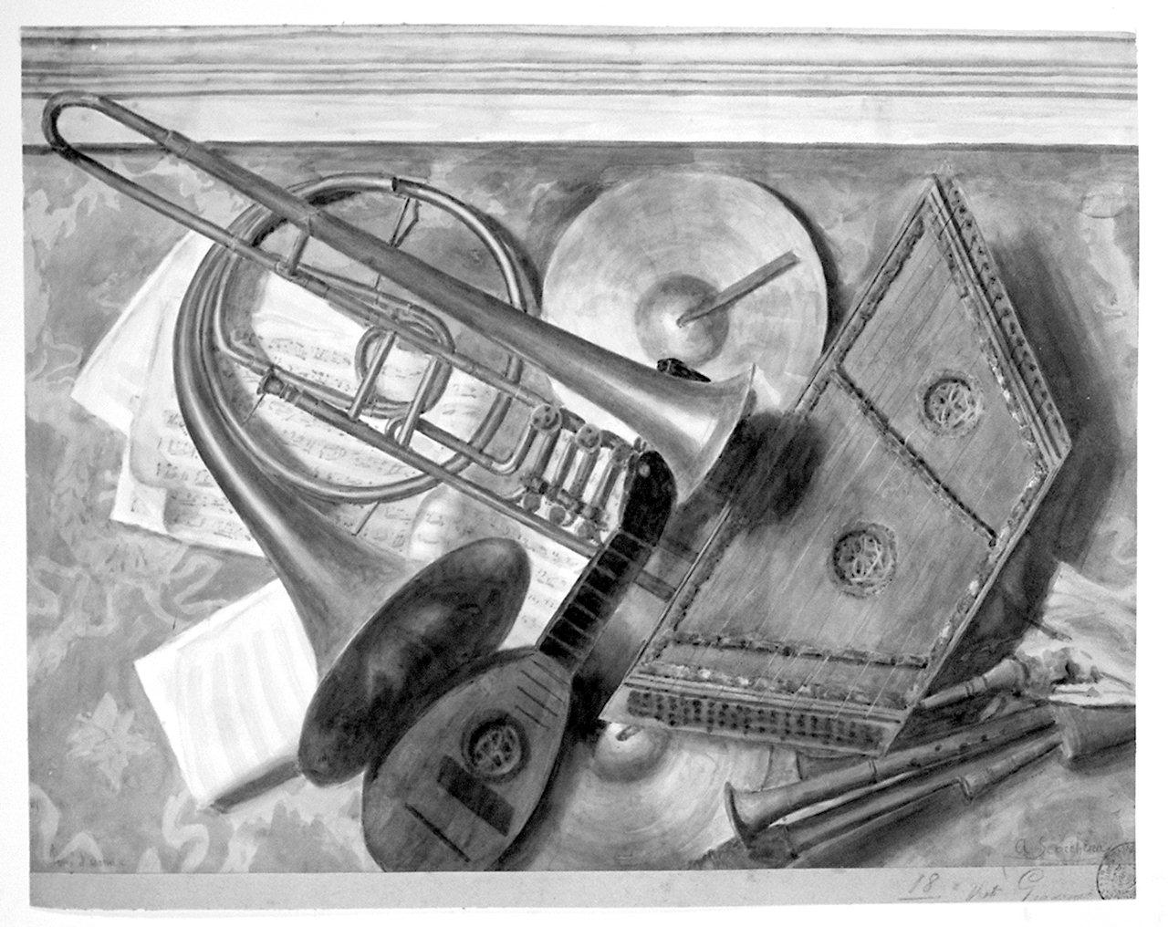 strumenti musicali (disegno) di Scocchera Alfredo (sec. XX)