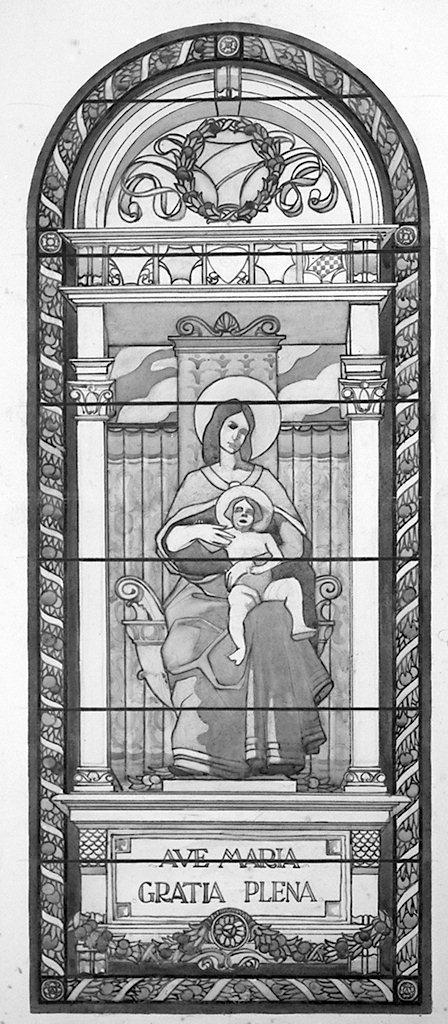 Madonna in trono con Bambino (disegno) di Bastelli Cesare (sec. XX)