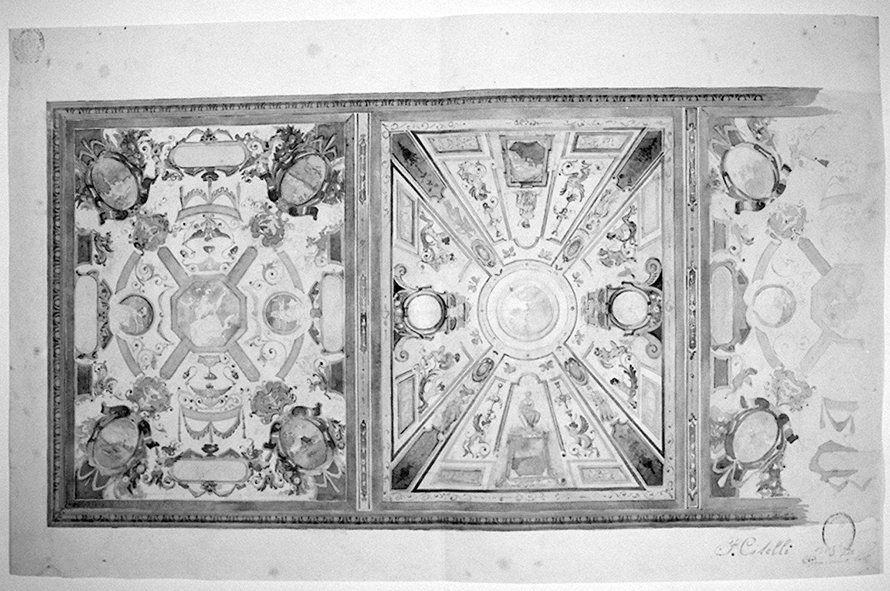 soffitto, cornice architettonica con motivi decorativi e figure (disegno) di Citelli Fausto (sec. XX)