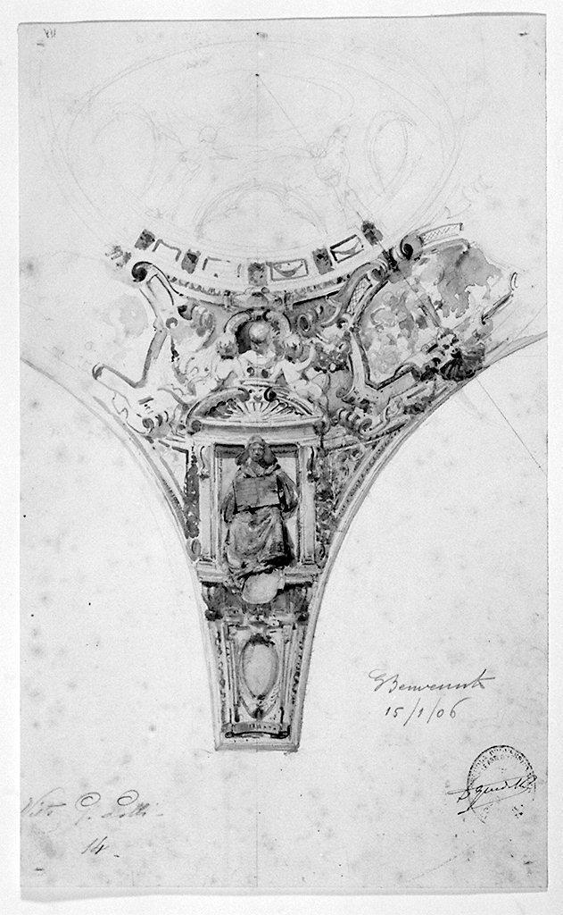 finte nicchie con busti di uomini illustri e motivi architettonici (disegno) di Benvenuti Giuseppe (sec. XX)