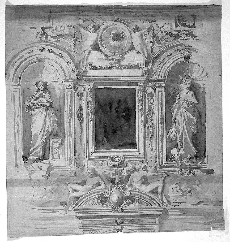 finte architetture con santi profeti figure allegoriche e angioletti (disegno) - ambito italiano (secc. XIX/ XX)