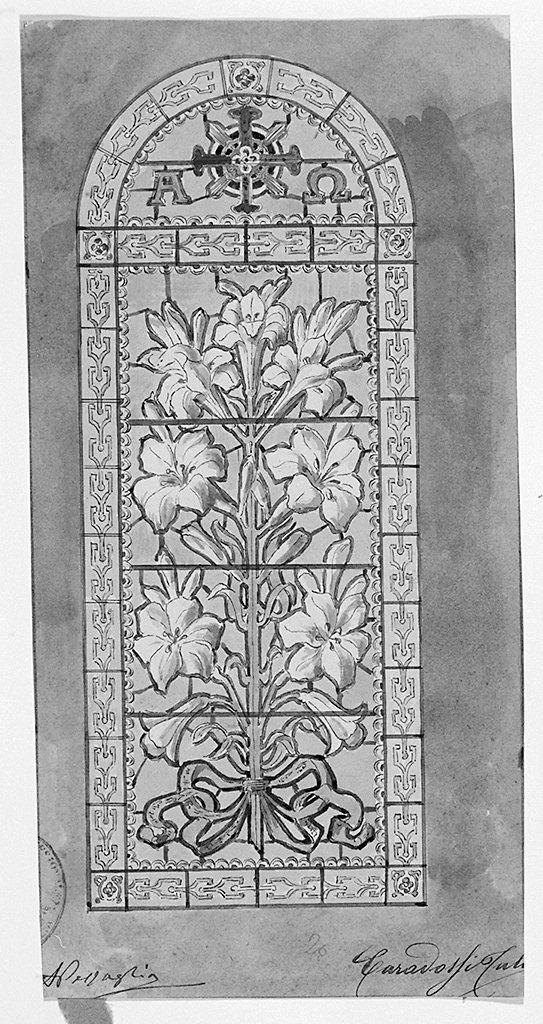 vetrata, fiori (disegno) di Caradossi T (sec. XX)