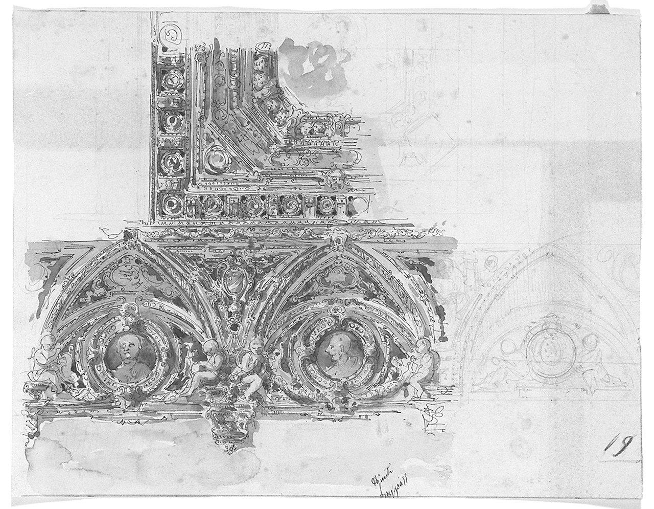 finte nicchie con busti di uomini illustri e motivi architettonici (disegno) di Giusti Ugo (sec. XIX)