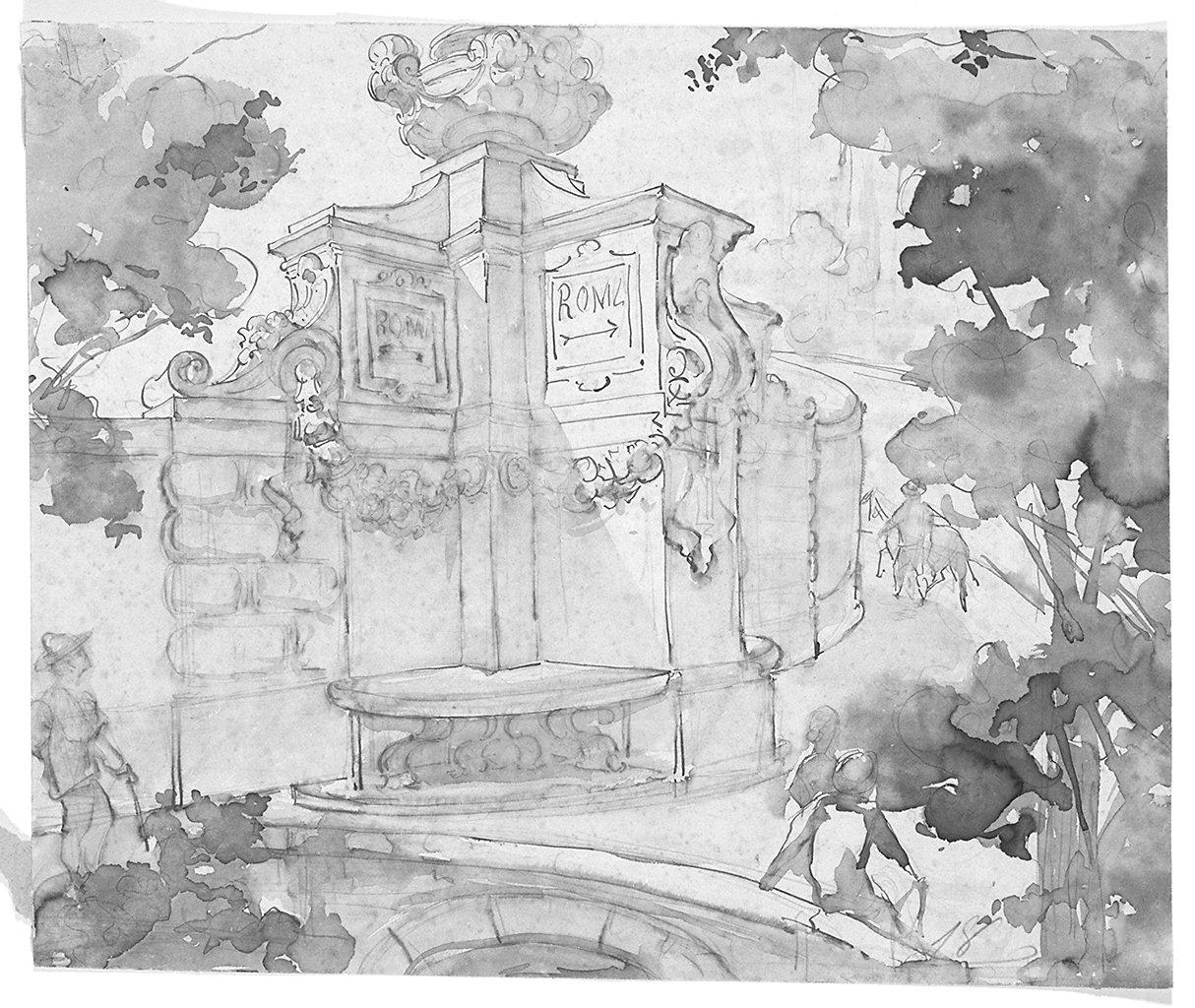 paesaggio con architetture (disegno) - ambito fiorentino (secc. XIX/ XX)