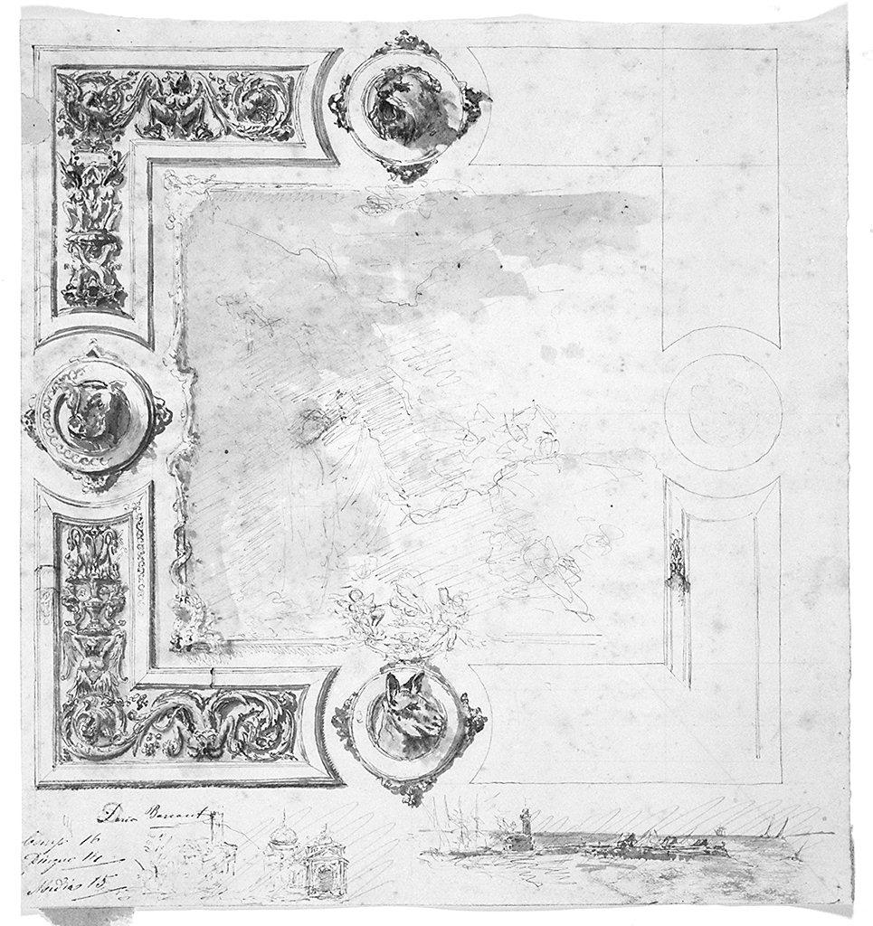 cornice architettonica con motivi decorativi e figure (disegno) di Barsanti Dario (secc. XIX/ XX)