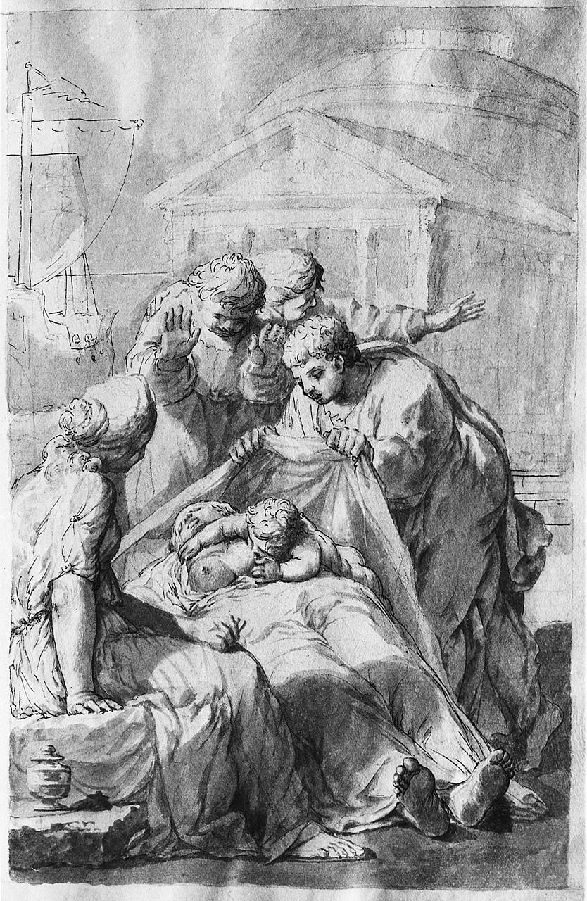 ritrovamento di un neonato sul corpo della madre morta (disegno) - ambito pesciatino (sec. XVIII)