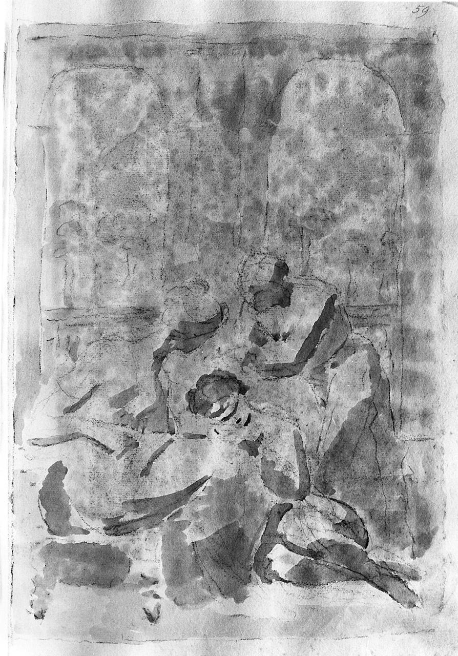 figure femminili intorno a una figura dormiente (disegno) - ambito pesciatino (sec. XVIII)