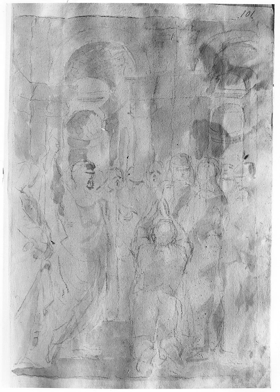 figura inginocchiata tra figure in piedi (disegno) - ambito pesciatino (sec. XVIII)