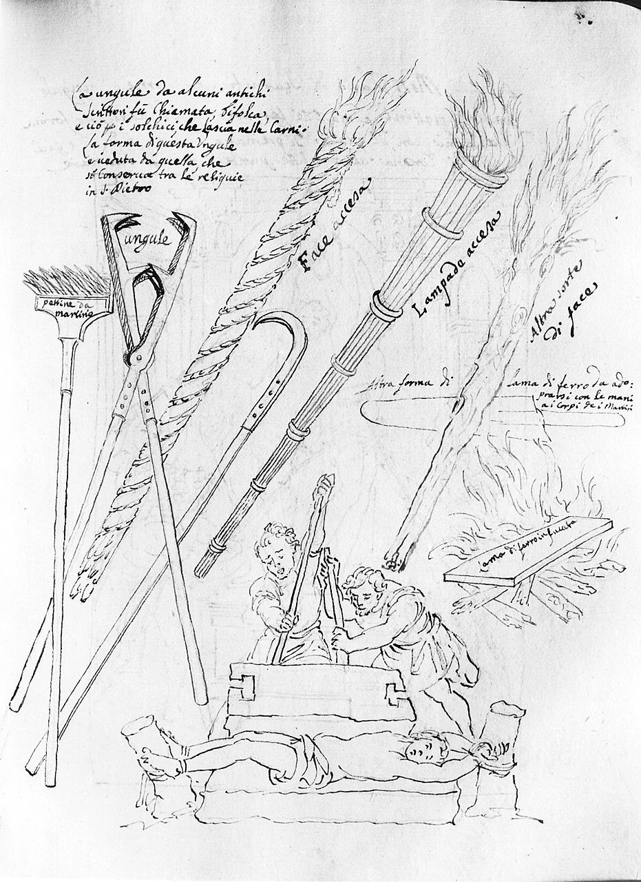 scena di martirio e strumenti di tortura (disegno) di Carlini Alberico (sec. XVIII)