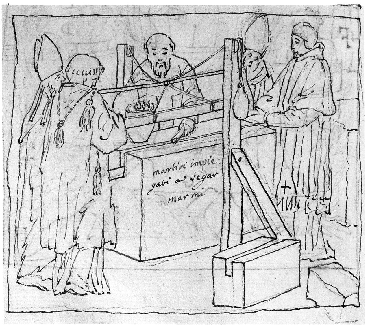 martiri impiegati a segar marmi, scena di lavoro (disegno) di Carlini Alberico (sec. XVIII)