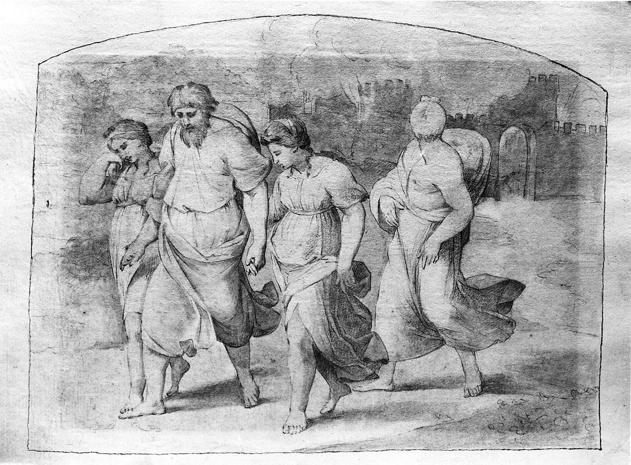Lot e la famiglia in fuga da Sodoma (disegno) di Carlini Alberico (sec. XVIII)