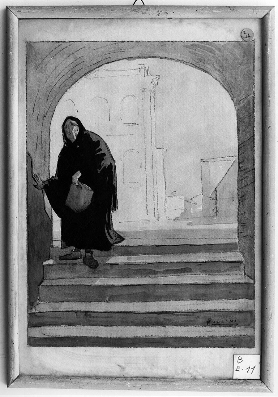 veduta di scalinata con arco e figura femminile (disegno) - ambito romano (ultimo quarto sec. XIX)