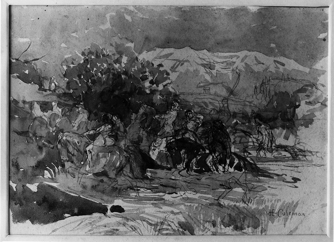 paesaggio con figure a cavallo (disegno) di Coleman Enrico (ultimo quarto sec. XIX)