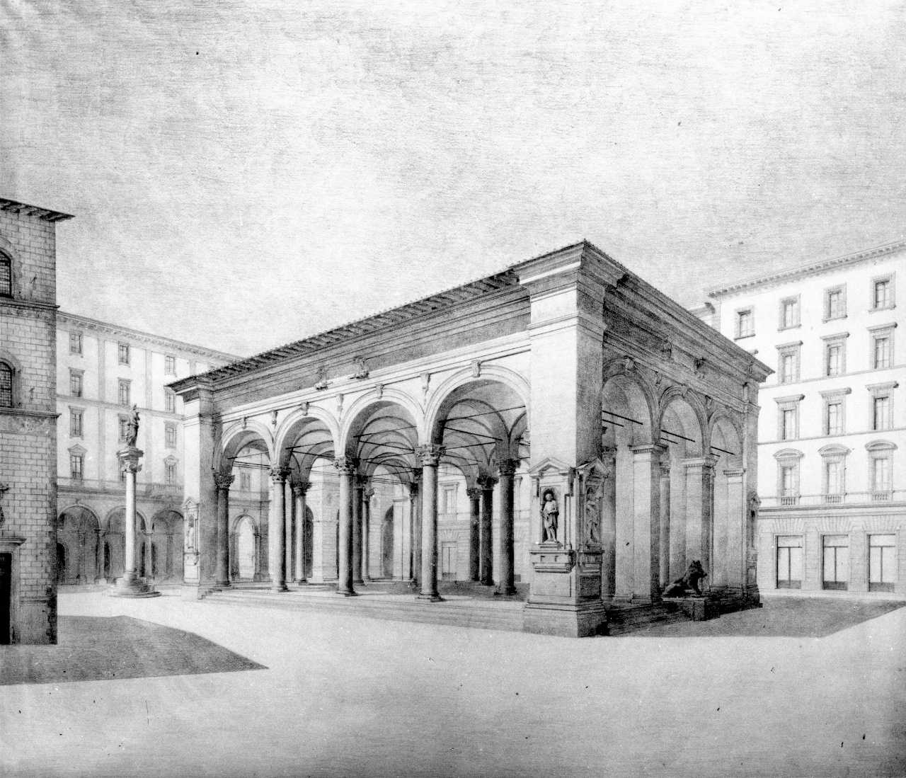 veduta ideale della piazza del Mercato Nuovo (disegno) di Zumkeller Luigi (sec. XX)