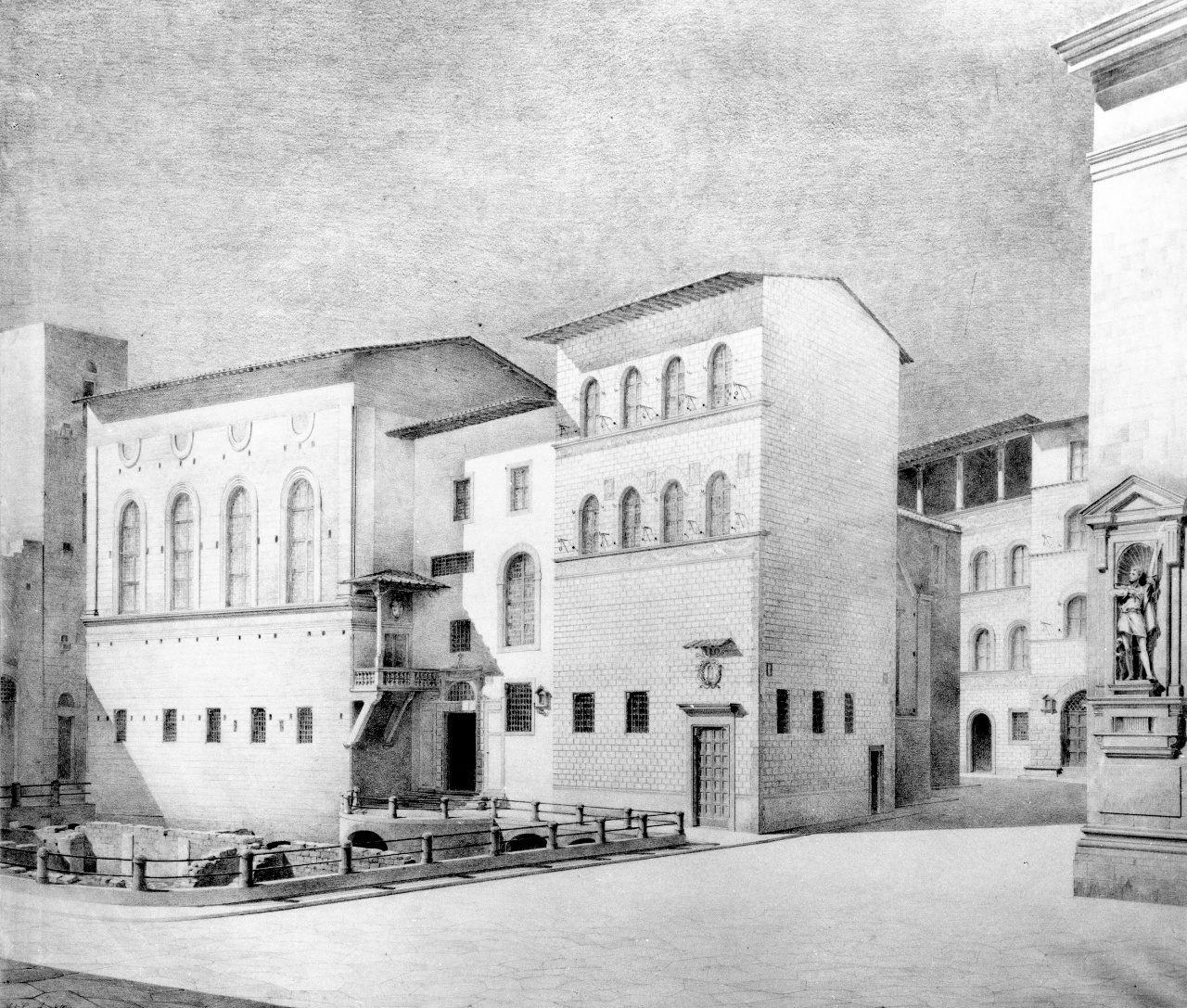 veduta ideale di piazza del Mercato Nuovo col palazzo dell'Arte della Seta (disegno) di Zumkeller Luigi (sec. XX)