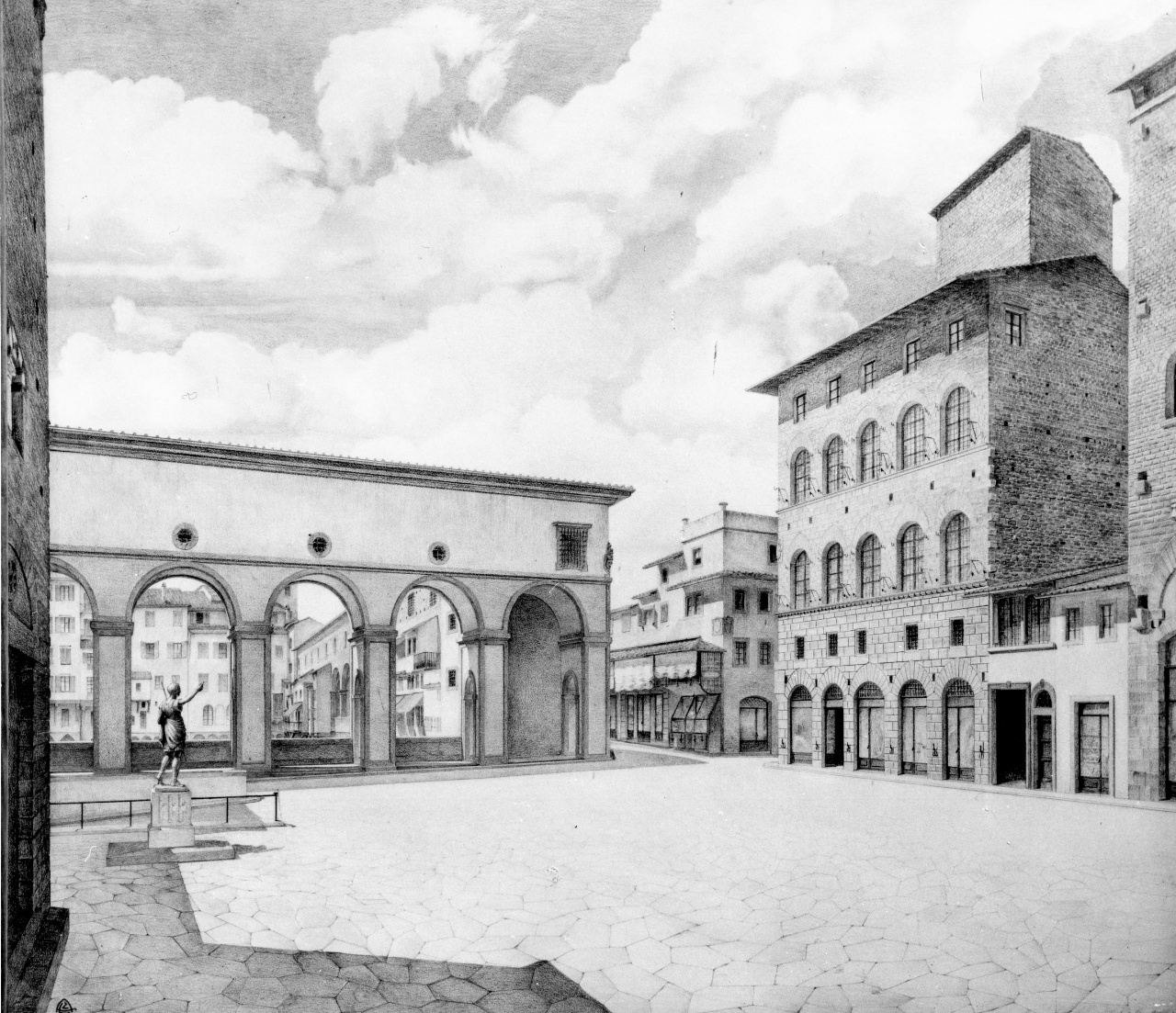 veduta ideale di piazza S. Stefano al Ponte a Firenze (disegno) di Zumkeller Luigi (sec. XX)
