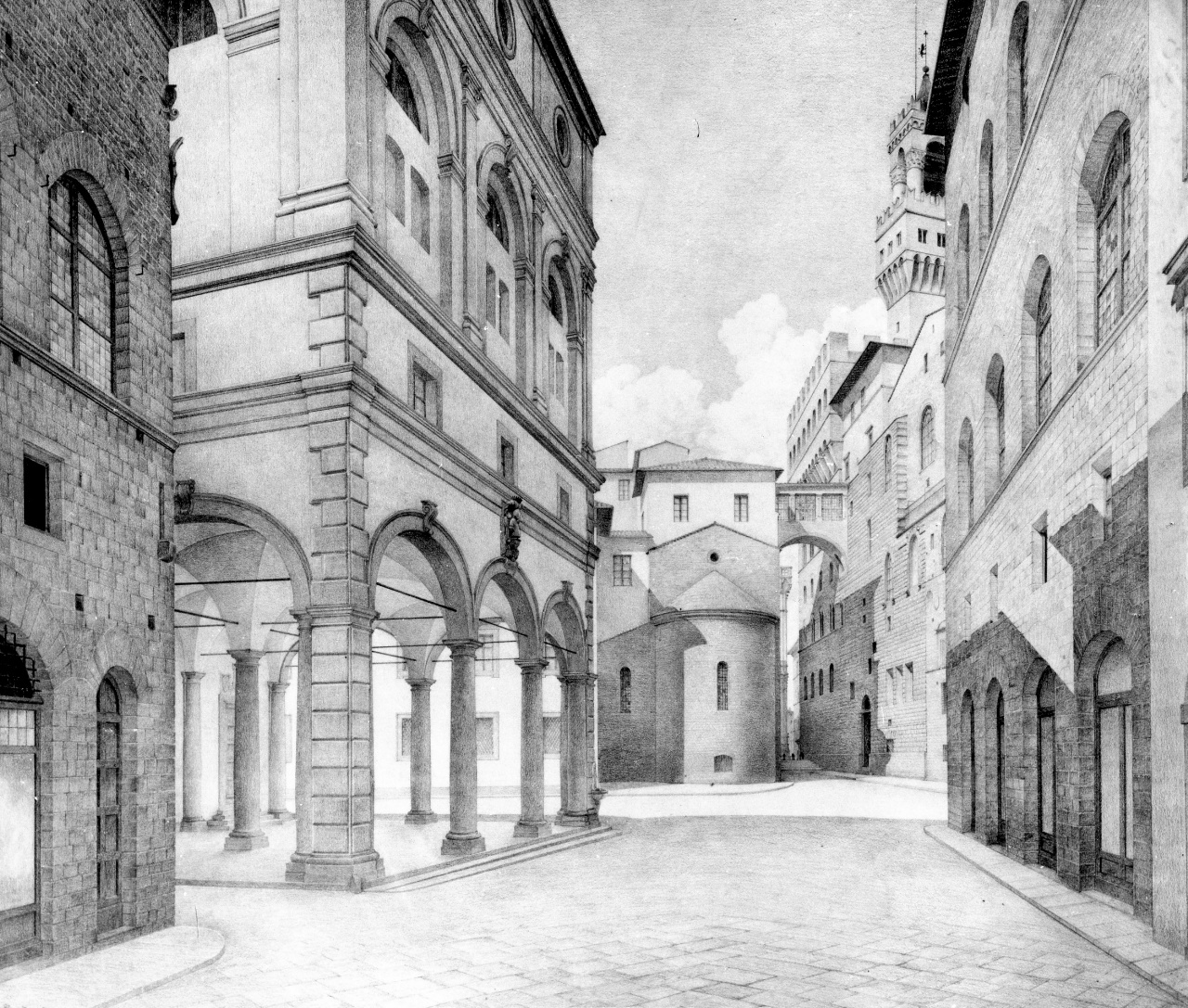 veduta ideale di via dei Neri con la loggia del Grano a Firenze (disegno) di Zumkeller Luigi (sec. XX)