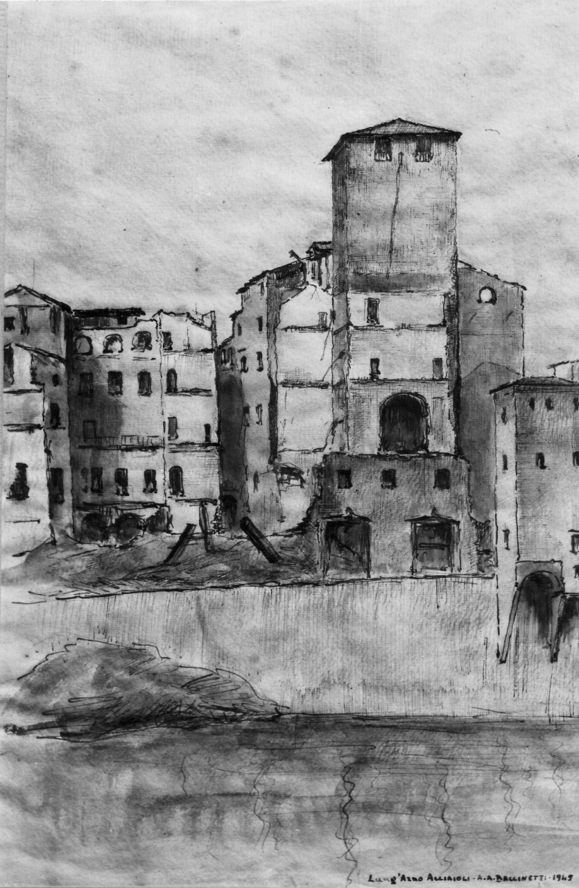 veduta del lungarno Acciaioli a Firenze (disegno) di Baccinetti Aldo Augusto (sec. XX)