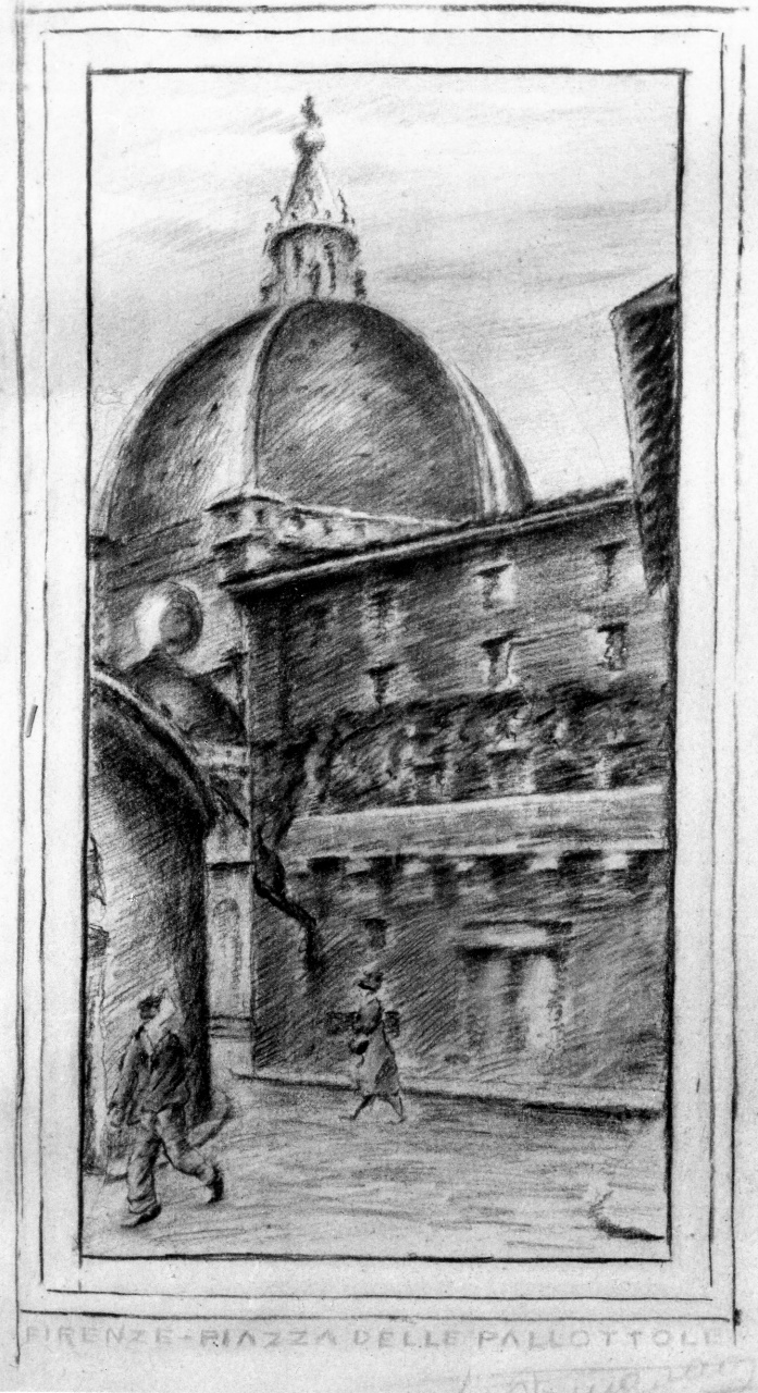 Piazza delle Pallottole, veduta di piazza delle Pallottole a Firenze (disegno) di Tassinari Armando (seconda metà sec. XX)