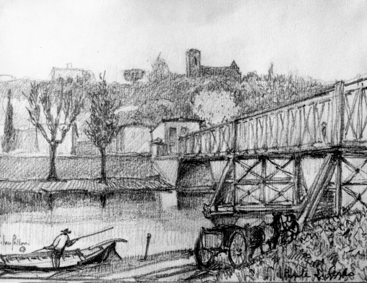 veduta del ponte di Ferro a Firenze (disegno) di Polloni Silvio (sec. XX)