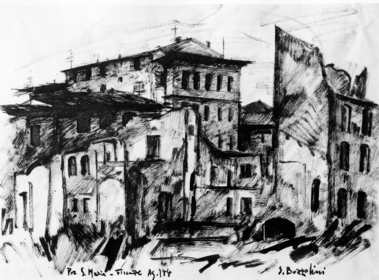 veduta di via por S. Maria a Firenze (disegno) di Bozzolini Silvano (sec. XX)